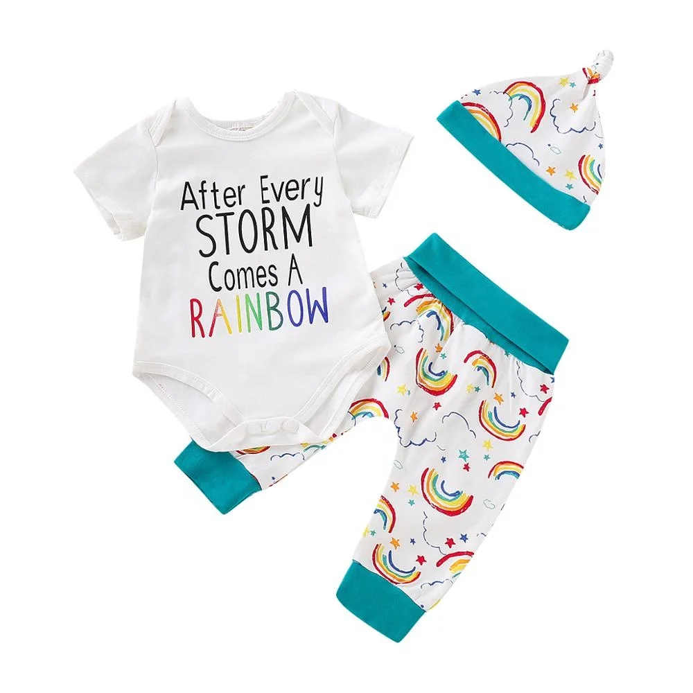 

Toddler Baby Girls Boys 3Pcs Clothes Sets Lovely Letter Rainbow Printed Romper Tops Pants Hat Outfits Set