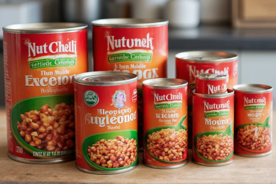 Various sizes of commercial chili cans arranged on a kitchen counter with labels visible
