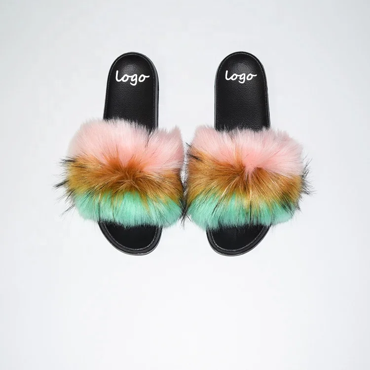 

2022 New Real Fox Raccoon Fur Slippers Women Fashion Style Slides Summer outdoor Flip Flops Flat Fur Sandals