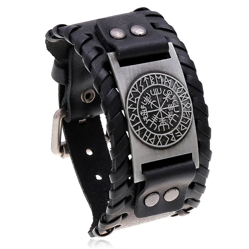

Viking Compass Adjustable Metal Buckle Wide Leather Men's and Women's Leather Bracelet, 3 color