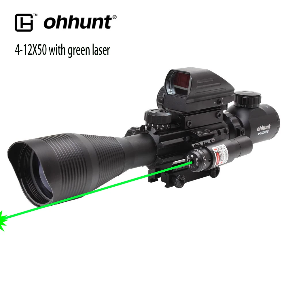 

Tactical Ohhunt 4-12X50 Illuminated Rangefinder Reticle Holographic 4 Reticle Sight with green Laser Combo Rifle Scope, Black