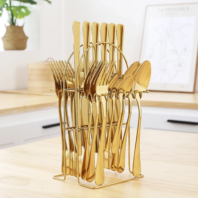 

Luxury 24pcs stainless steel cutlery set gold plating knife fork spoon set wedding flatware set with retort stand