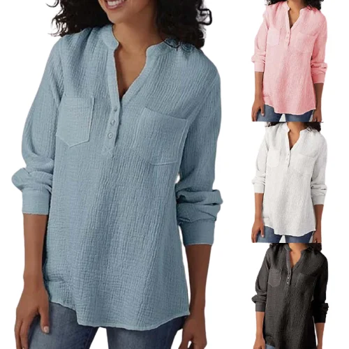 

Casual Ladies Female Women Long Sleeve Blusas Pullover Fashion Cotton Linen Tunic Blouse Shirt Pocket Buttons V-Neck Tops, As show
