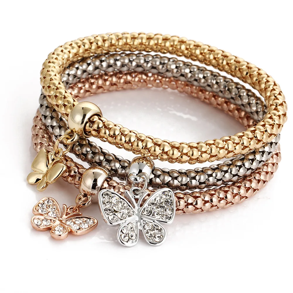 

Women Smart Alloy Elastic Popcorn Diamond Lucky Three Pieces Set Jewelry Bracelet