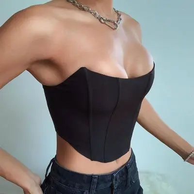

Glossy Satin Curved Chest-Wrapped Women's European and American Cute Sexy Style Backless Navel off-Neck crop top ecowalson