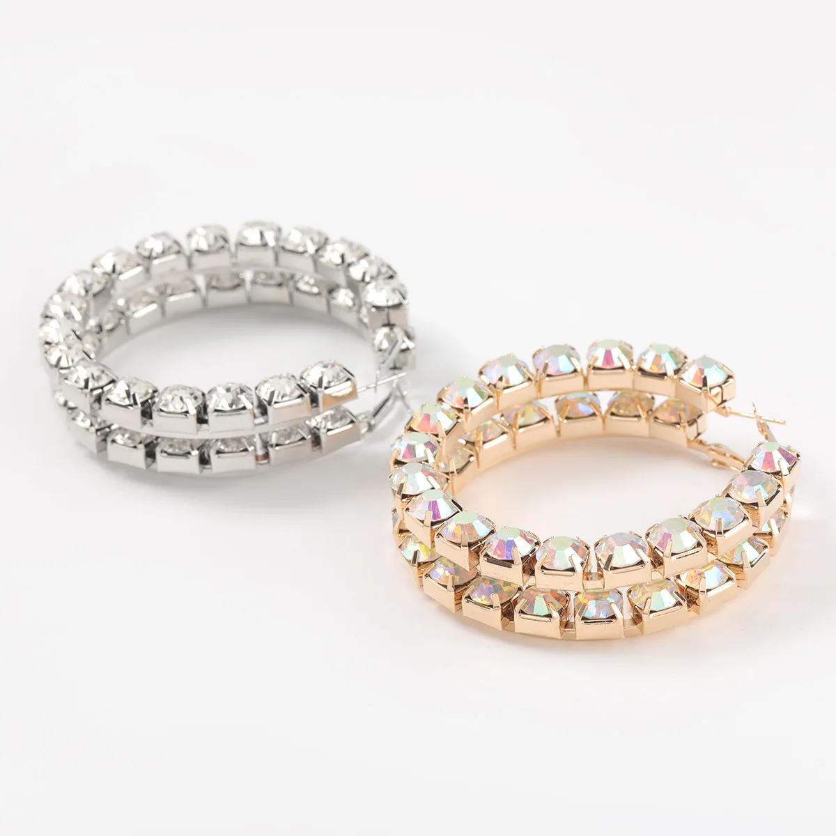 

C&J 2 Colors Fashion 18K Gold Plated Geometric Bling Large Diamond Hoop Earrings For Party