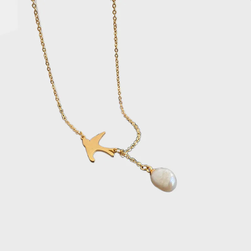 

High End Gold Finish Swallow Pearl Pendant Necklace Dainty Necklace Stainless Steel Party Jewelry