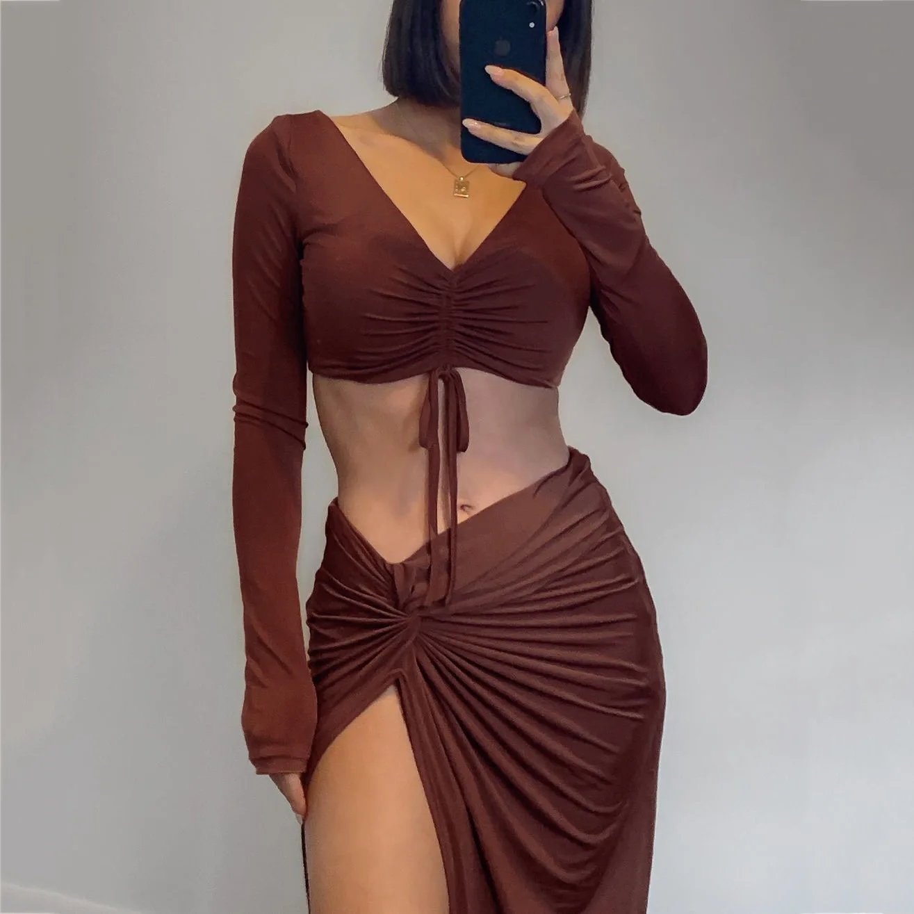 

Ladies Sexy BodyCon Solid Color Two Pieces Skirt Sets Women Maxi Party Dress Spring Casual Dresses, As picture shown or customized following customer design