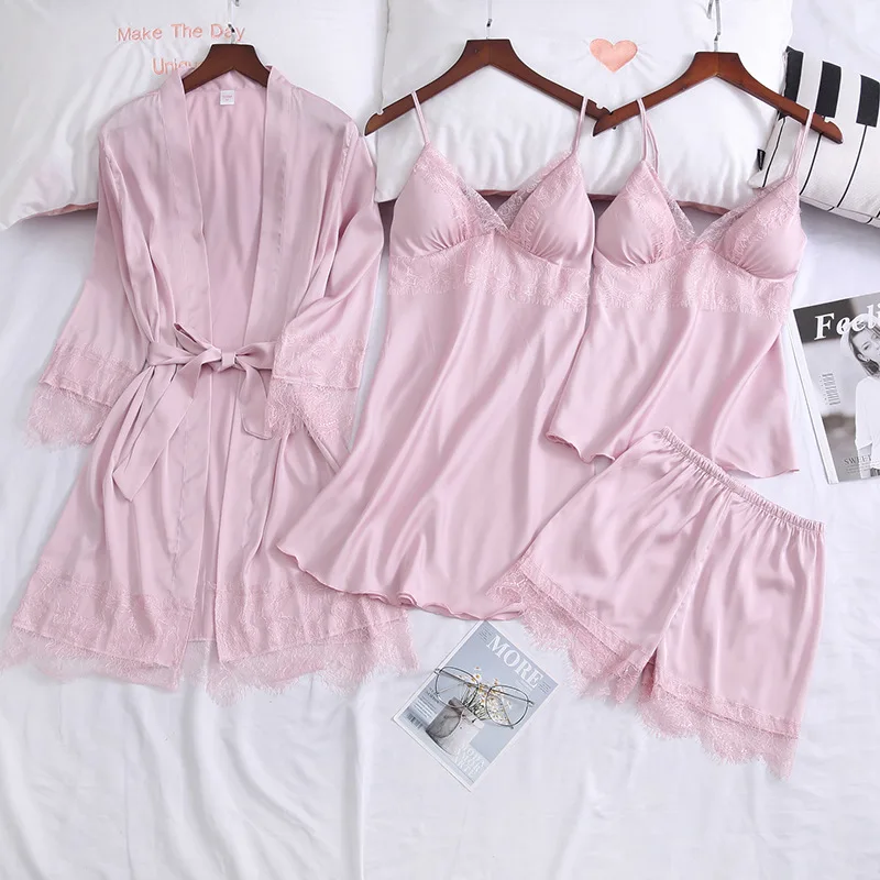 

New Arrival In stock women nighty Lace nightdress sexy four pieces set womens silk pajamas sexy nighty for honeymoon