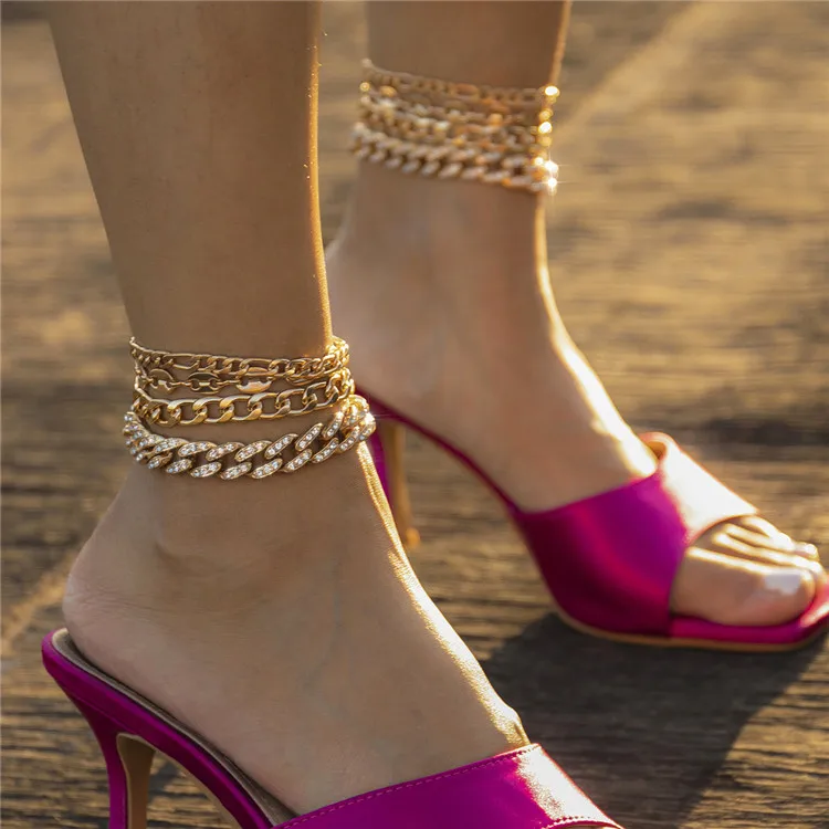 

Gold Silver Plated Shiny Rhinestone Crystal Cuban Link Anklet Silver Anklets, Silver,gold