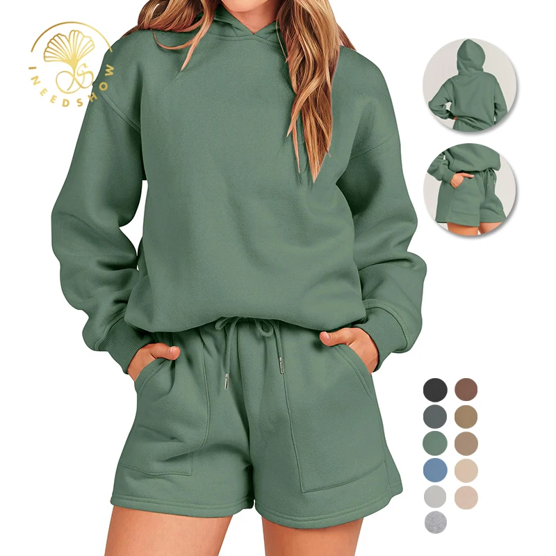 

Custom Latest Design Cotton Long Sleeve Womens Two Piece Shorts Set Outfit Jogger Skims Lounge Wear Set For Kangaroo Pocket