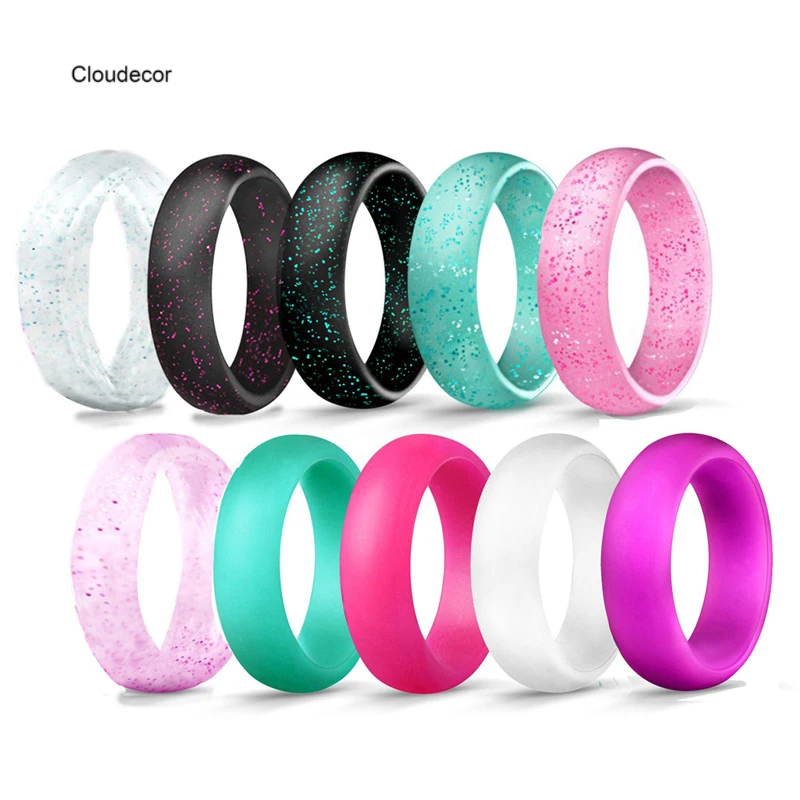 

5.7mm Bling Glow Women Jewelry Rubber Bands Flexible Silicone Charming Hypoallergenic Finger Gothic Pink Wedding Silicone Rings, Picture shows