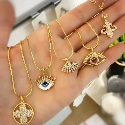 

Hot Saling European Creative Design Golden Luxury Zircon Evil Eyes Cross Shaped Pendant Metal Chain Necklace For Women, Picture