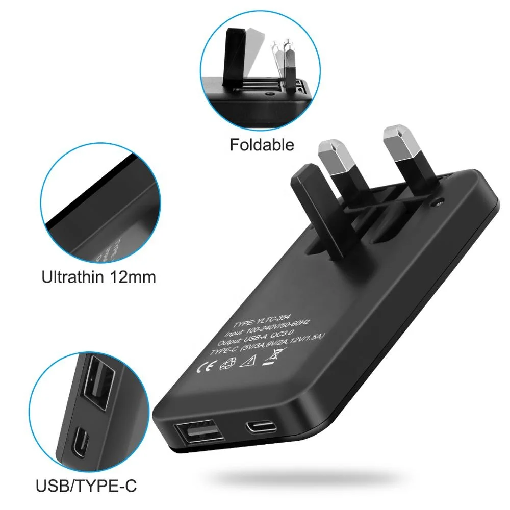 

2020 trend smart folding fast phone uk 3 pin usb plug wall adapter, Black