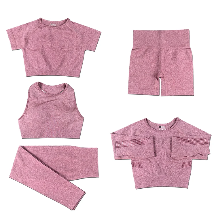 

5 Pcs Seamless Yoga Leggings Pants With Sports Bra Vest Short Sleeve T Shirt Long Sleeve Top With Shorts Clothes Set, As picture , also can be customized