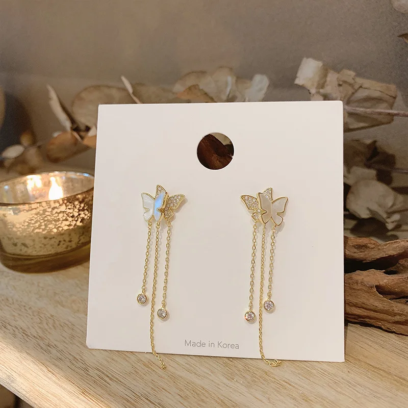 

real gold plated crystal long hanging butterfly earrings