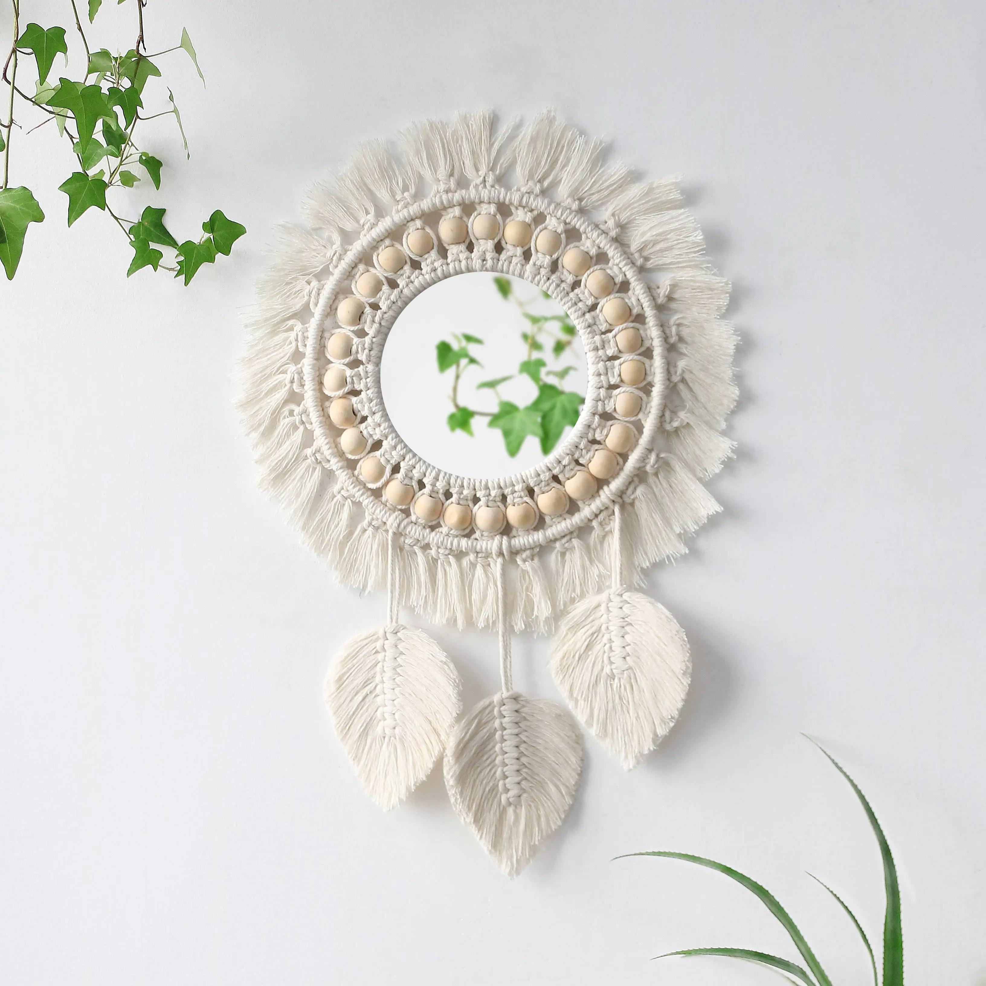 

Round Macrame Mirror Wall Hanging Boho Home Decor Decorative Wall Mirrors For Living Room Decoration Bedroom Baby Nursery Gift, Beige