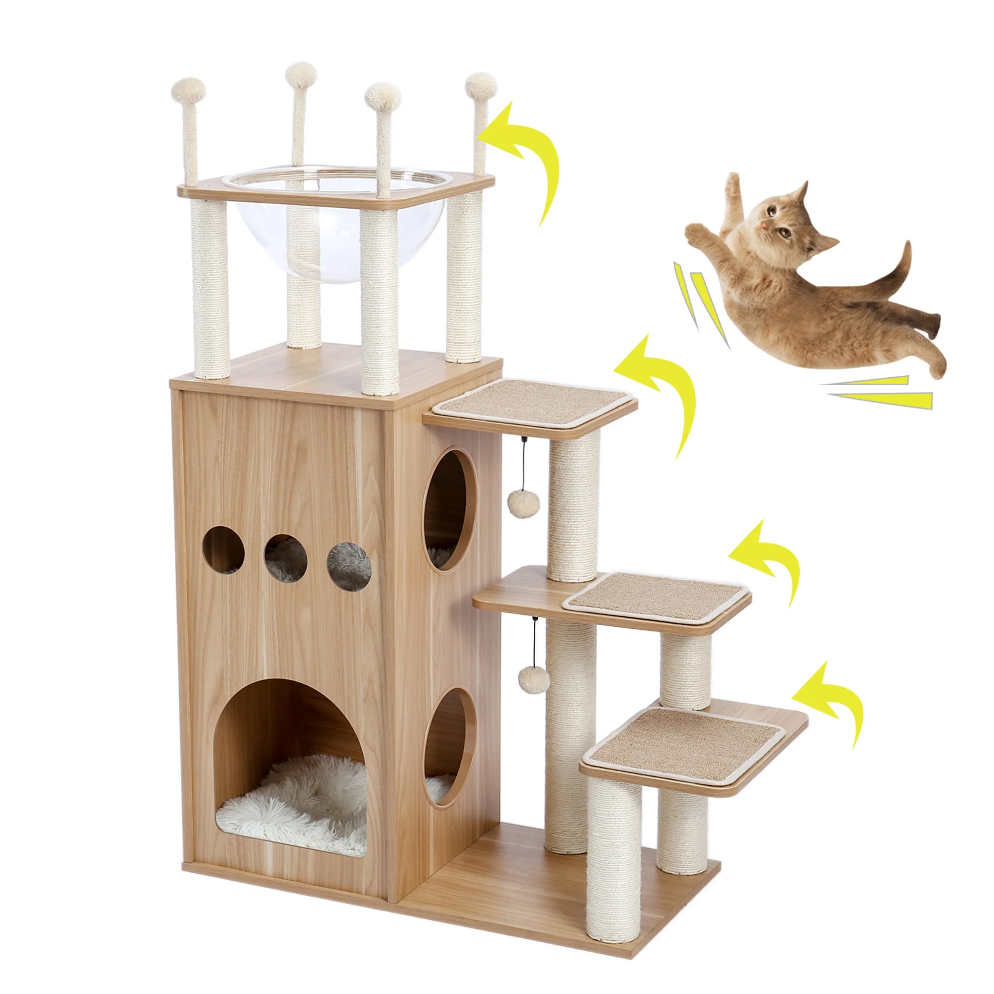 

US Warehouse Stocked Free Shipping Modern Cat Tower Wooden Sky Castle Cat Tree with Deluxe Condos, Beige