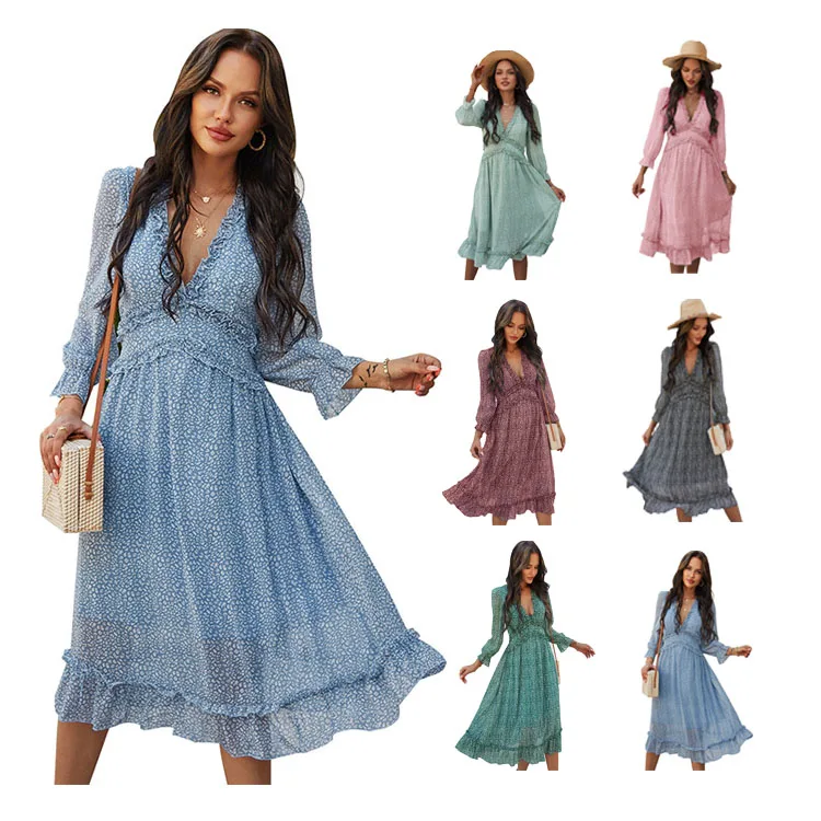 

Hotsale summer V neck simple print casual dress, 9 colors