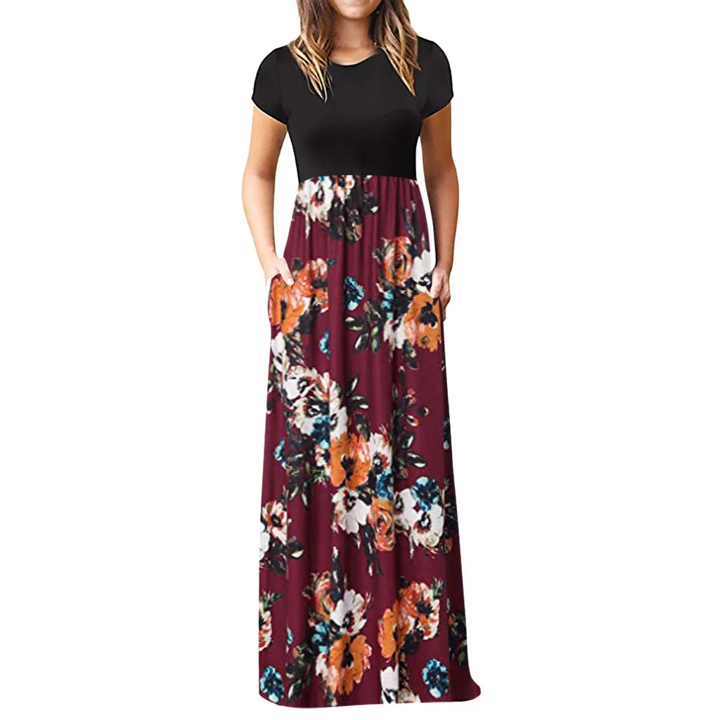

Women's Print Summer Fashion Sexy Ladies O-neck Short Sleeve Plus Size Casual Floral Maxi Dresses For Fat