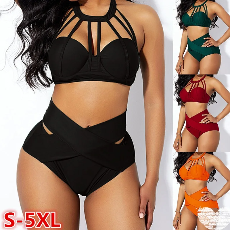 

Women Fashion solid color Bikini Set Two Piece Bathing Suit Swimwear Beach Wear plus High Waist Cage Neck Cross Front Bikini, Can be customized