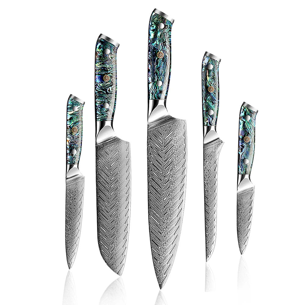 

High Grade Damascus Fish Bone Pattern With Abalone Handle Kitchen Knife Set