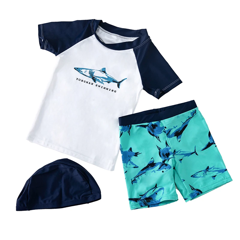 

Kids beach leisure sportswear, sun hat, boys and children, split swimsuit, swimming trunks, quick-drying, pattern: pointed shark