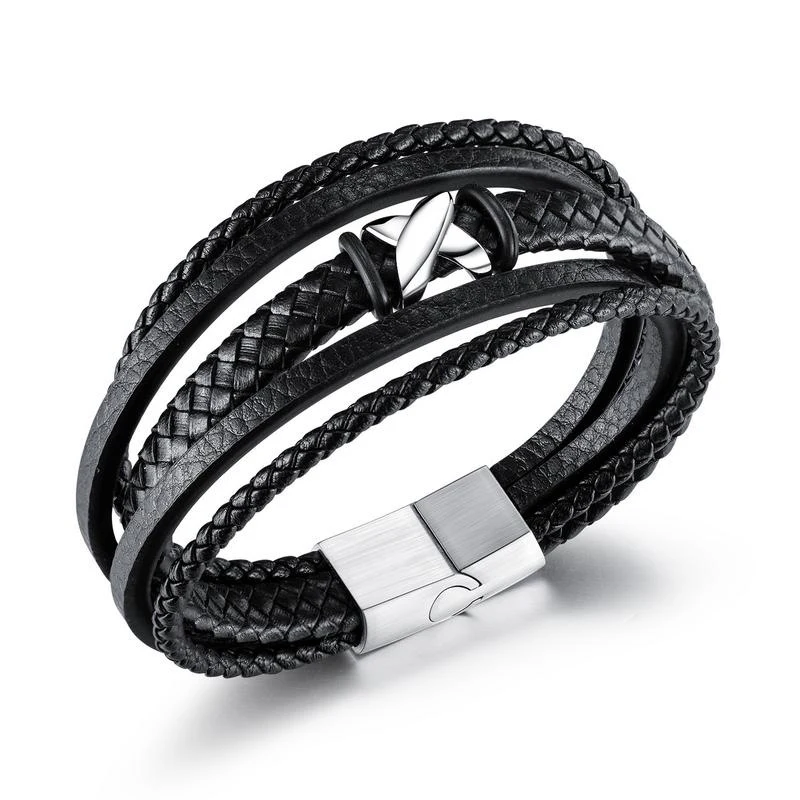 

Wholesale men multilayer woven leather bracelet personalized stainless steel X shaped leather bracelet (SK1239), As picture