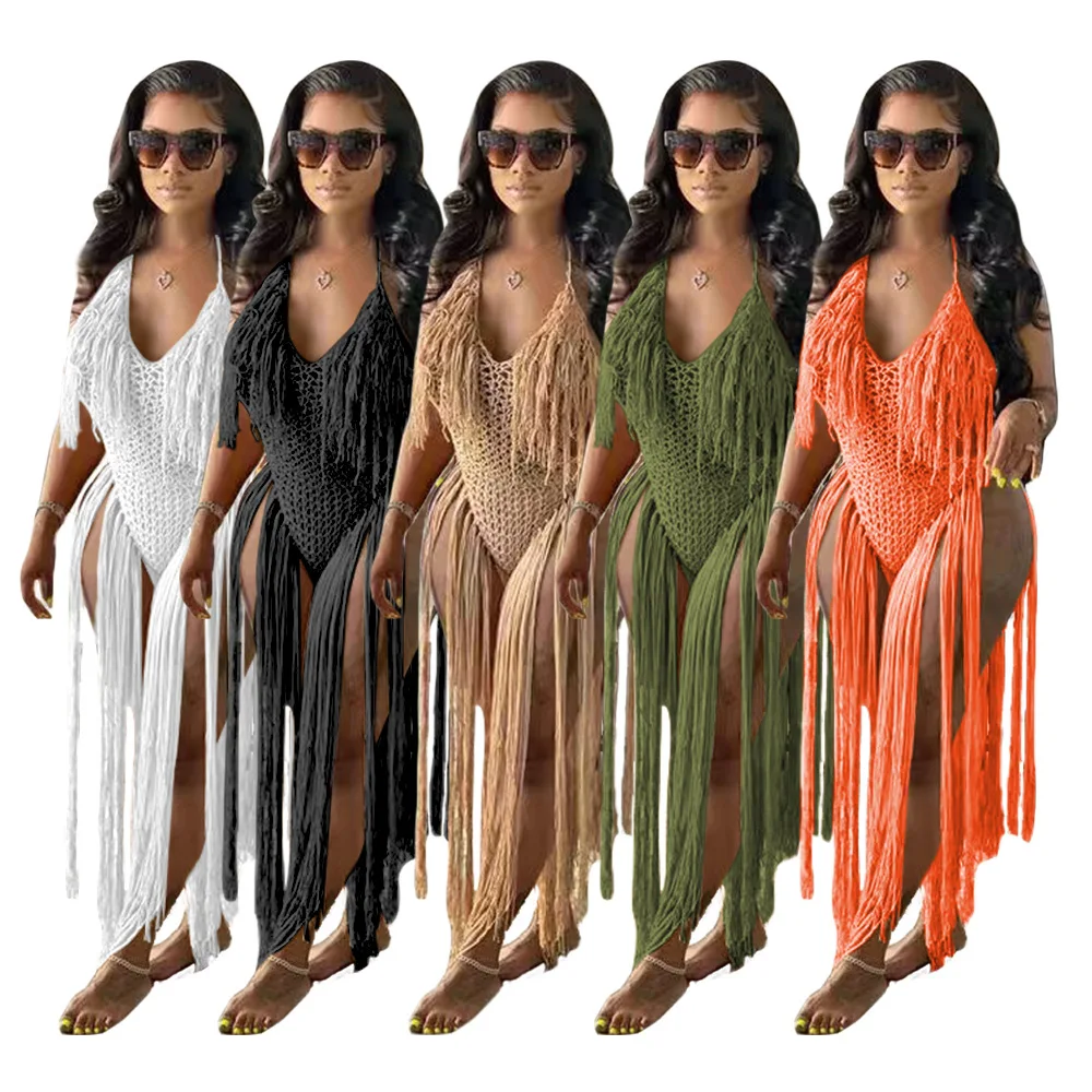 

2022 New European and American women's long tassel beach dress hollow crochet knit one piece swimwear & beachwear for ladies, Colours