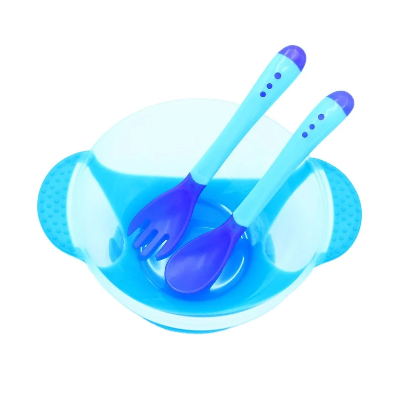 

1set pure color complementary food bowl plate bowl spoon feeding Baby tableware rice bowl sucker soft temperature spoon