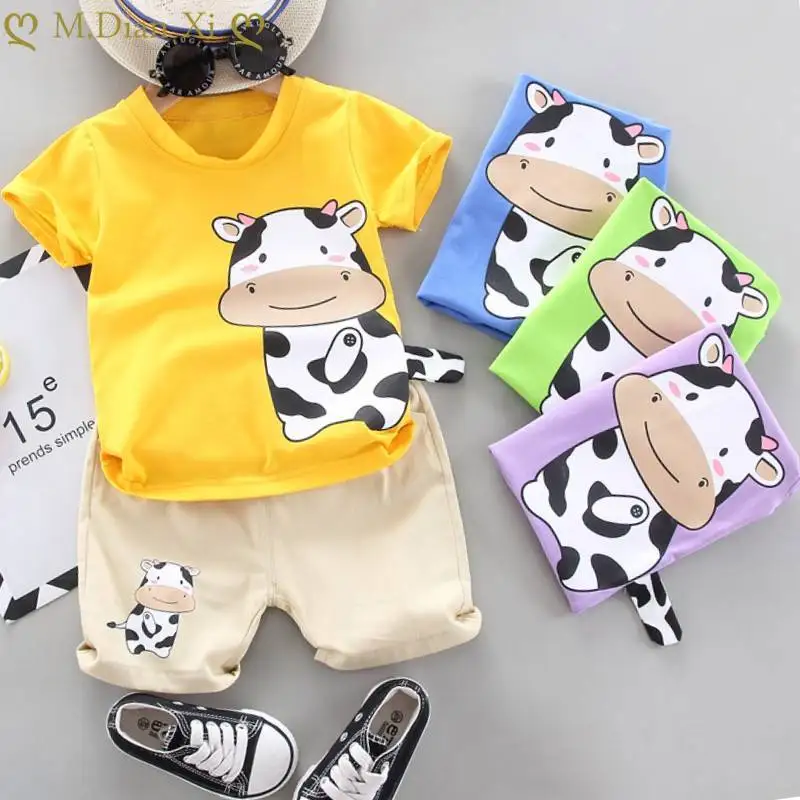 

Children's Summer New Set Baby Girl Cute Cow Cartoon 2pcs Set Short Sleeve T-shirt + Shorts Set Baby Women's Cotton Clothes