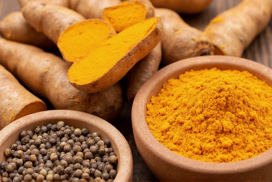 Close-up of fresh turmeric root, ground turmeric powder, and black pepper in small bowls demonstrating the traditional combination for maximum absorption
