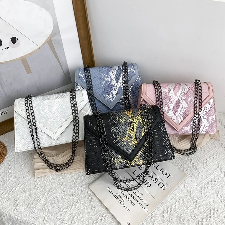 

2021 New Fashion Girls Snake Printing Hand Bags Woman Chain Purses Ladies Cute Handbags