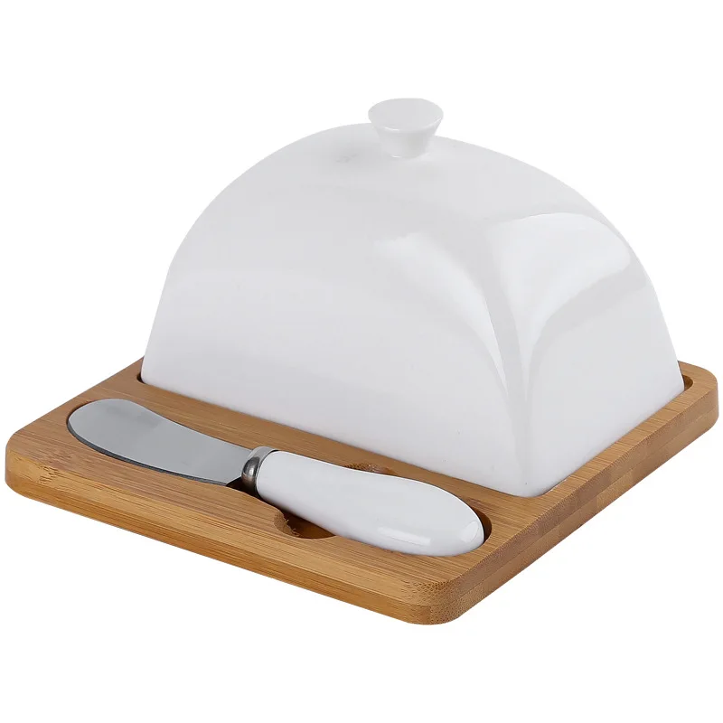 

White Luxury Ceramic Butter Dish Set Bamboo Dish With Ceramic Lid Butter Knife Western Cheese Box Set
