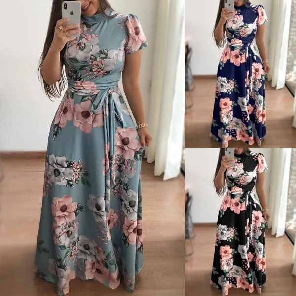 

Summer Fashion tunic african women dresses High Collar long cotton dress floral casual dress