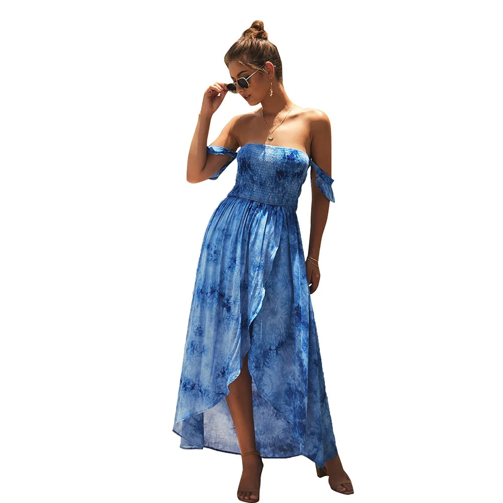 

Amazon hot-selling summer strapless sexy dress, printed tie-dye women's long dress