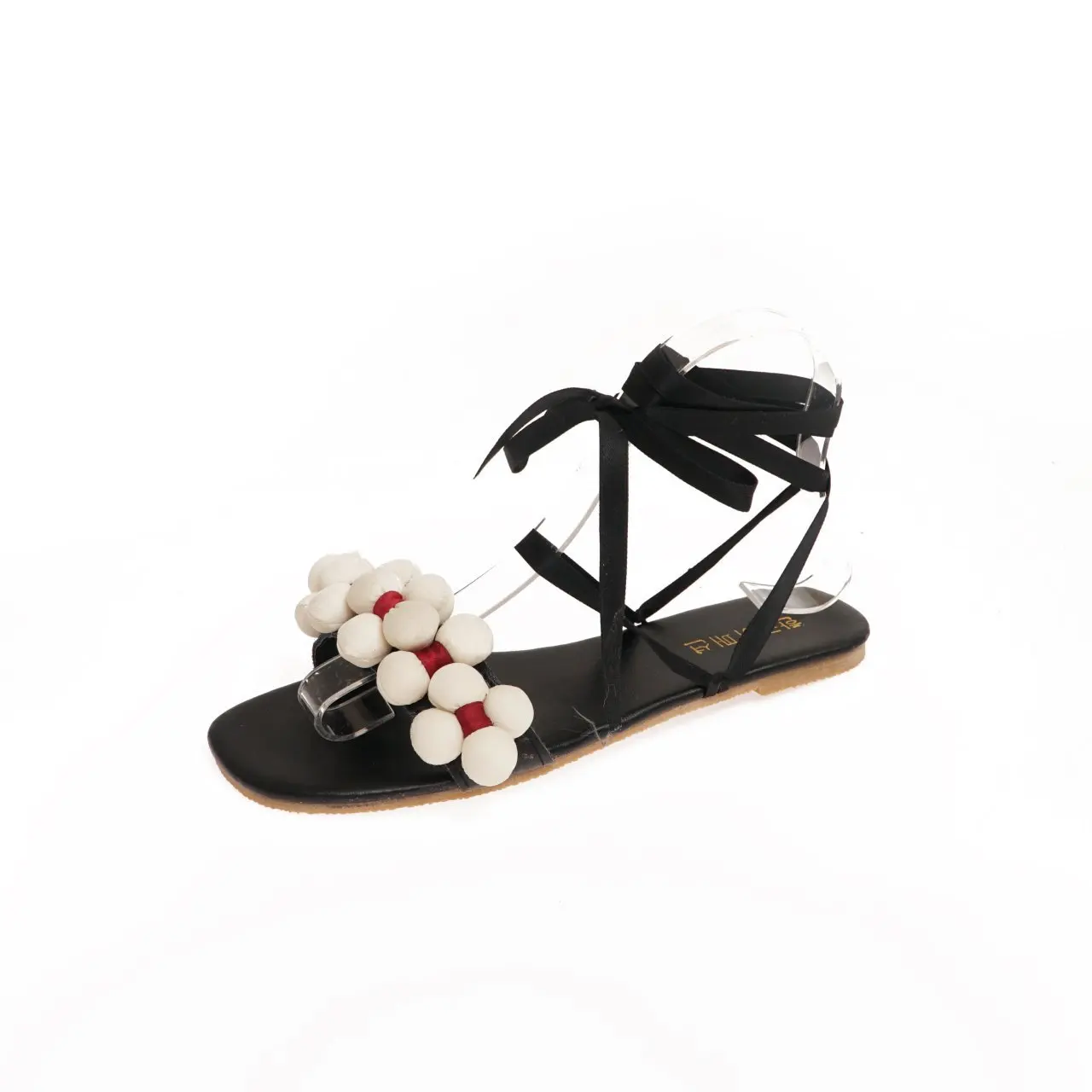 

2021 New Arrival Summer Casual Beach Ladies Rubber Shoes Bandage Hairball Flower Fair Style Ankle Wrap Fashion Women Flat Sandal