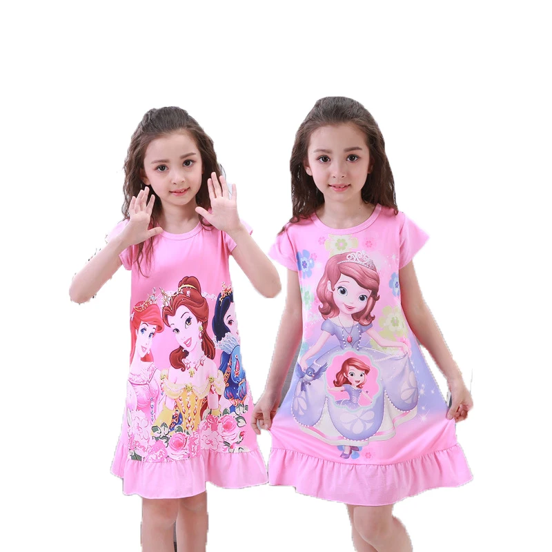 

Summer Anna Elsa Sofia Girls Nightdress Cotton Short Sleeve Straps Ruffle Princess Dress Pajamas Slin Nightgowns Kids Clothes, Pink, blue, etc.