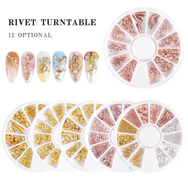 

12 Style Nail Art Wheel Rose Gold/Silver/Gold Mixed Metal Flat-back Studs Rivet Star Patterns DIY 3D Metal Nail Decoration