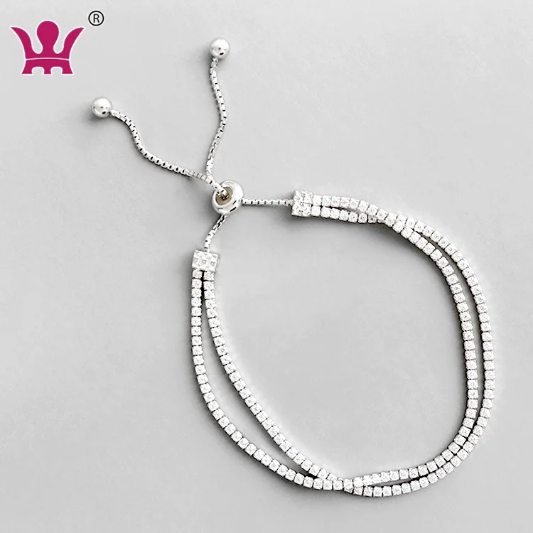 

Real Sterling Silver Women Bracelets Clear Stone CZ Box Double Chain Adjustable Tennis Bracelet Silver 925 Jewelry