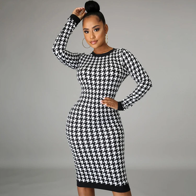 

2021 Winter Fashion Women Vintage Clothes Backless Houndstooth Long Dress Ladies Long Sleeve Sexy Elegant Casual Maxi Dresses YS, Black