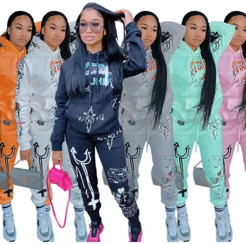 

Boutiques letter printed womens hoodie sweatsuit sets warm fall graffiti outfit thick women 2 piece set clothing winter