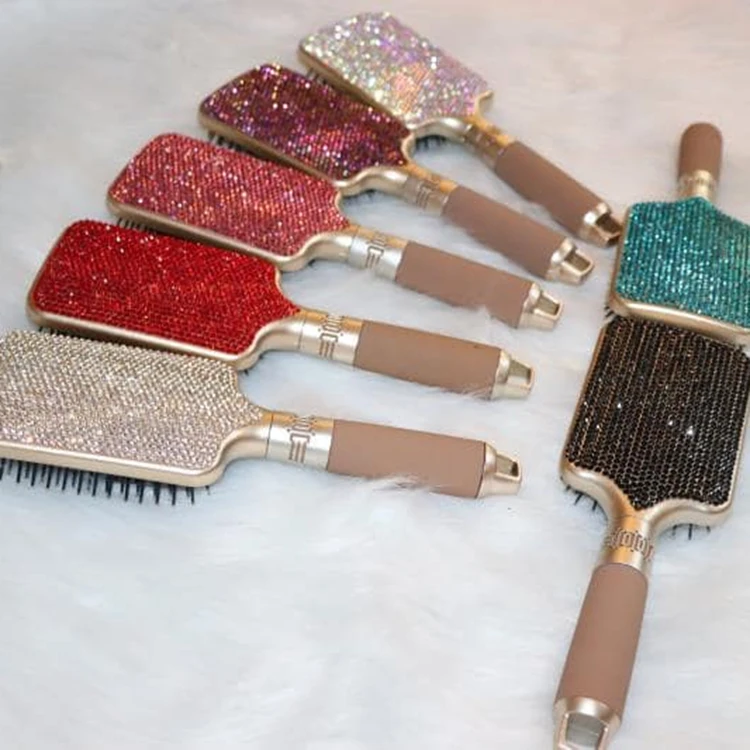 

High quality rubber handle electroplated crystal rhinestone cushion hair brush