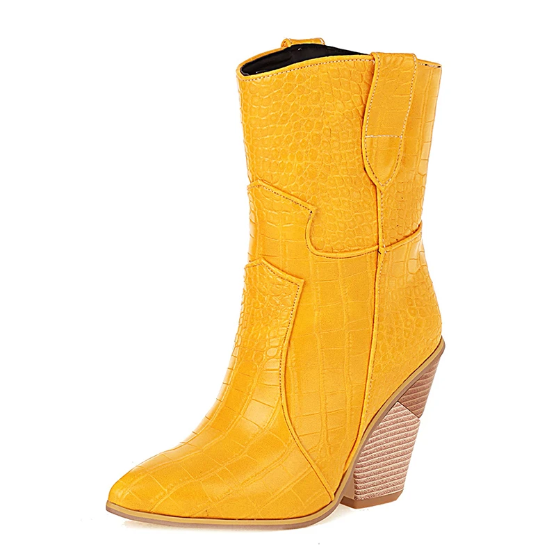 

High Heels Women Western Boots Pointed Toe PU Leather 2021 Autumn Warm Winter Retro Party Mid-Calf Boots Ladies Platform Shoes