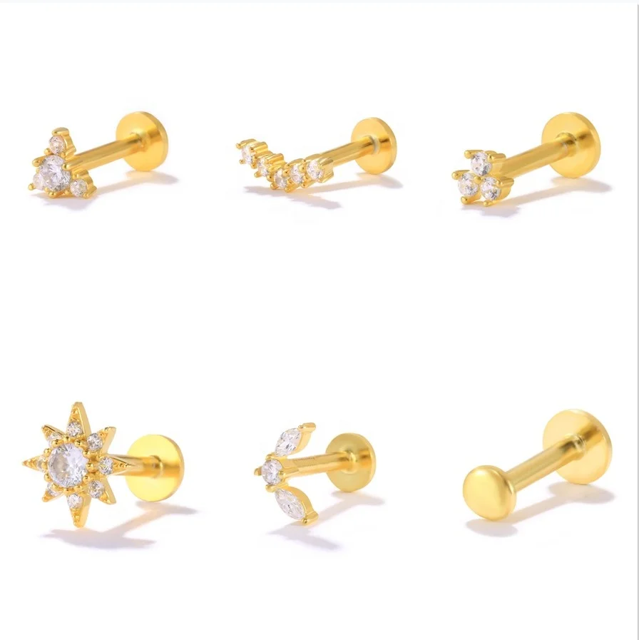 

Zircon Piercing Earrings Threaded Labret Huggie Stud Earring Piercing Jewelry 925 Sterling Silver New Style Snake Star for Women, Gold and silver