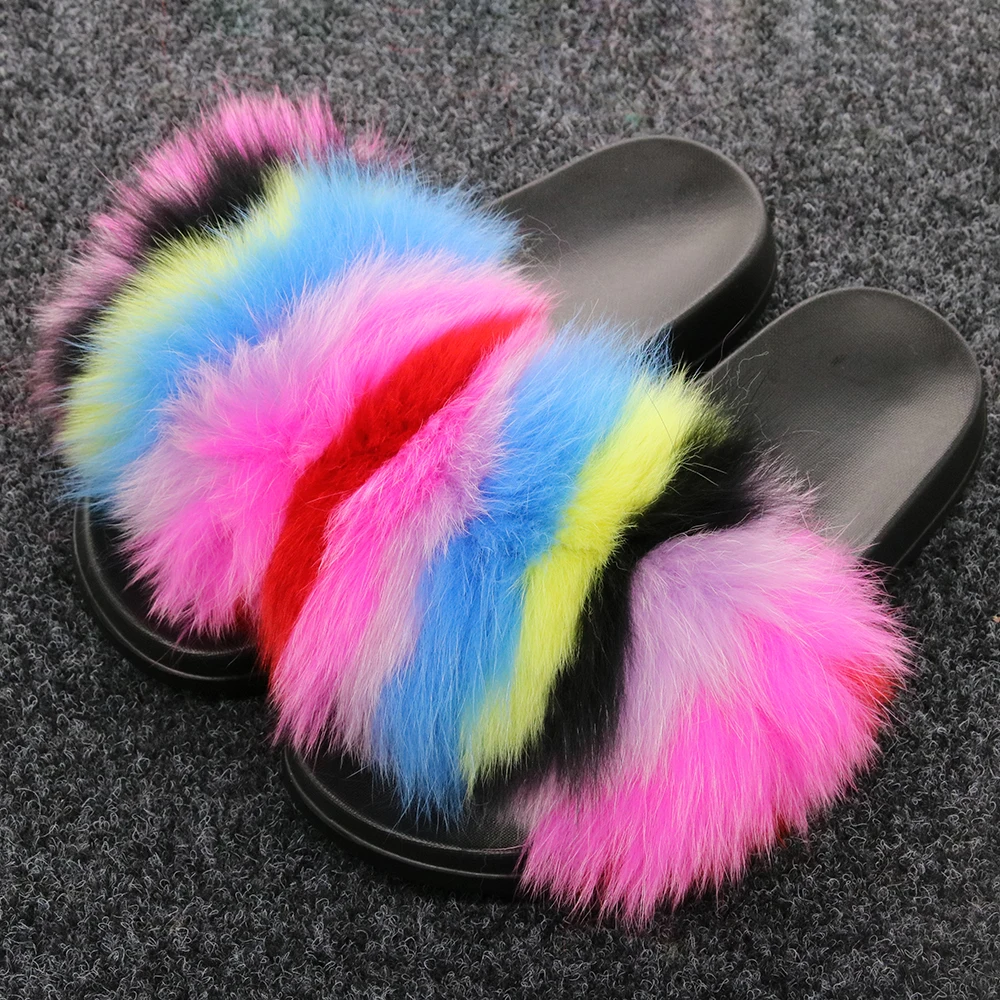 

Women Fluffy Real Fox Hair Slides Plush Home Sandals Fashion Cute Rainbow Flip Flops Ladies Shoe