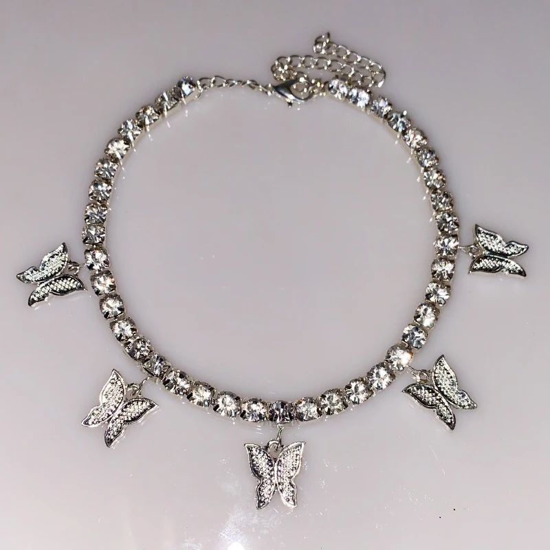 

Hip jewelry rhinestone iced out cuban link butterfly tennis ankle bracelet, Picture