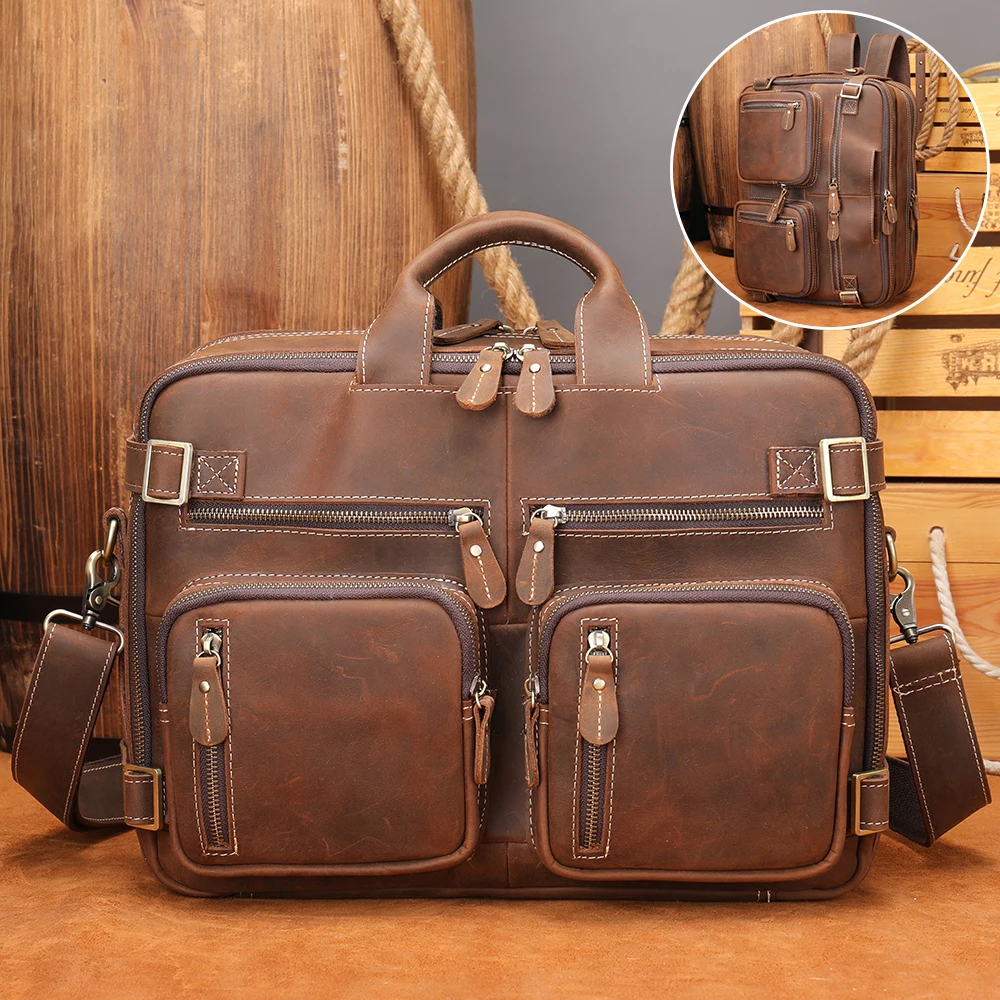 

Marrant Crazy Horse Genuine Leather Men Multi-pocket Functional Briefcase Large Capacity Leather Backpack Mens Briefcase, Coffee