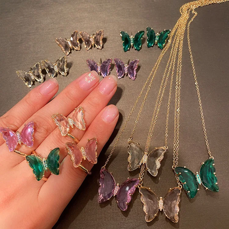 

Fairy Sweet Multicolor Translucent Glass Butterfly Ring Translucent Crystal Butterfly Necklace Earrings Set, As shown