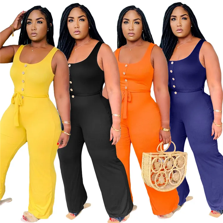 

2021 Summer Plus Size Sleeveless Romper Playsuit O-neck Single-breasted Sashes Wide Leg Women Jumpsuits and Rompers, As picture